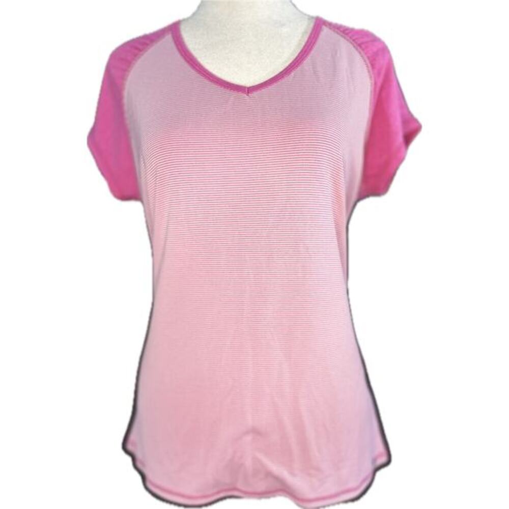 The North Face Womens Pink Striped V-Neck Raglan Short Sleeve Active Top Large‎